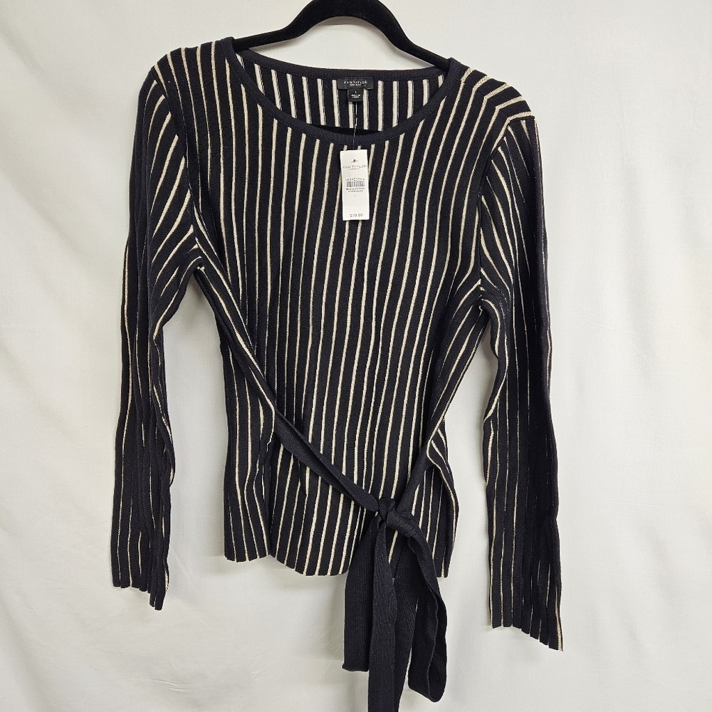 Ann Taylor Factory Large w/ Black Gold Stripes Crew Neck Long Sleeve Blouse NWT